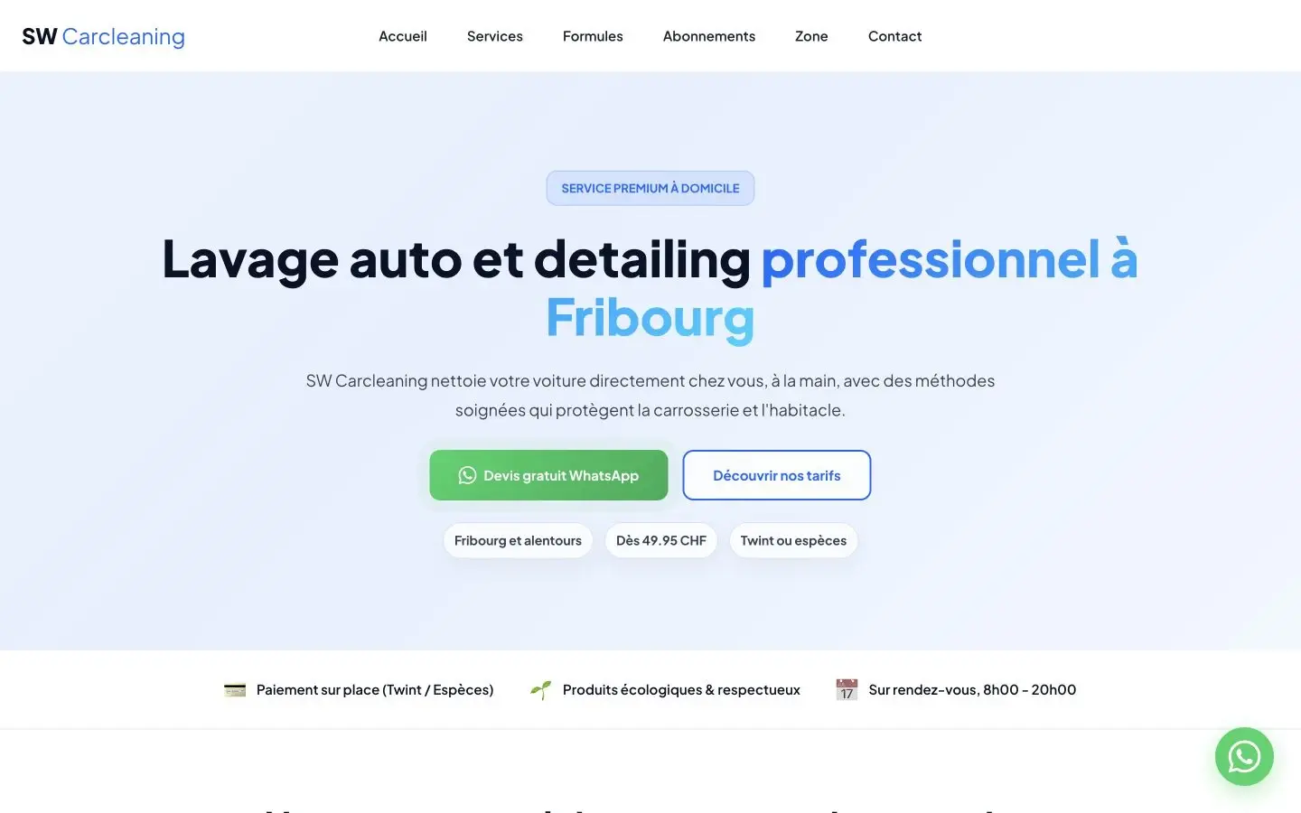 Page d’accueil du site SW Carcleaning présentant le lavage automobile et le detailing à domicile à Fribourg.